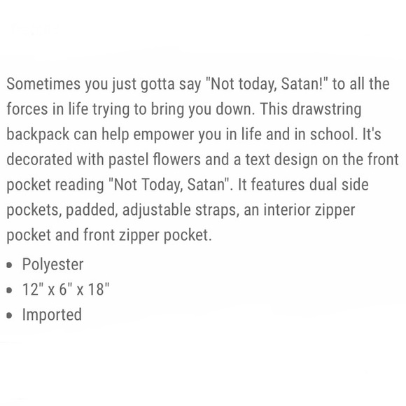 HOT TOPIC Not Today Satan DRAWSTRING BACKPACK! - Picture 4 of 4